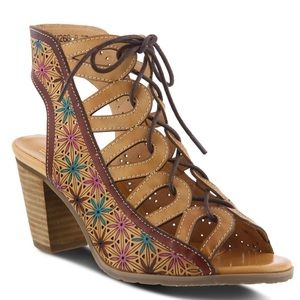 Spring Step L'Artiste Laure Beige Lace Up Floral Hand Painted Sandals 9 40